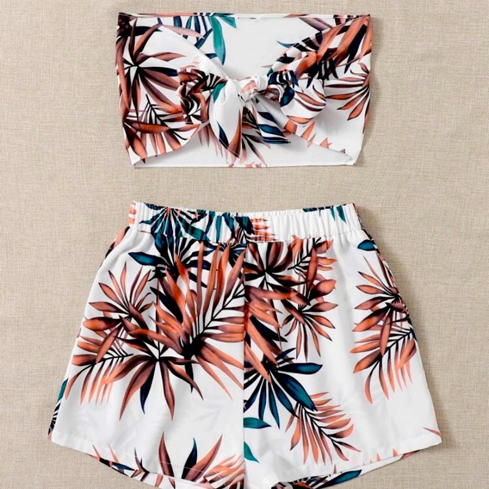 SHEIN Tropical print front tube top shorts set